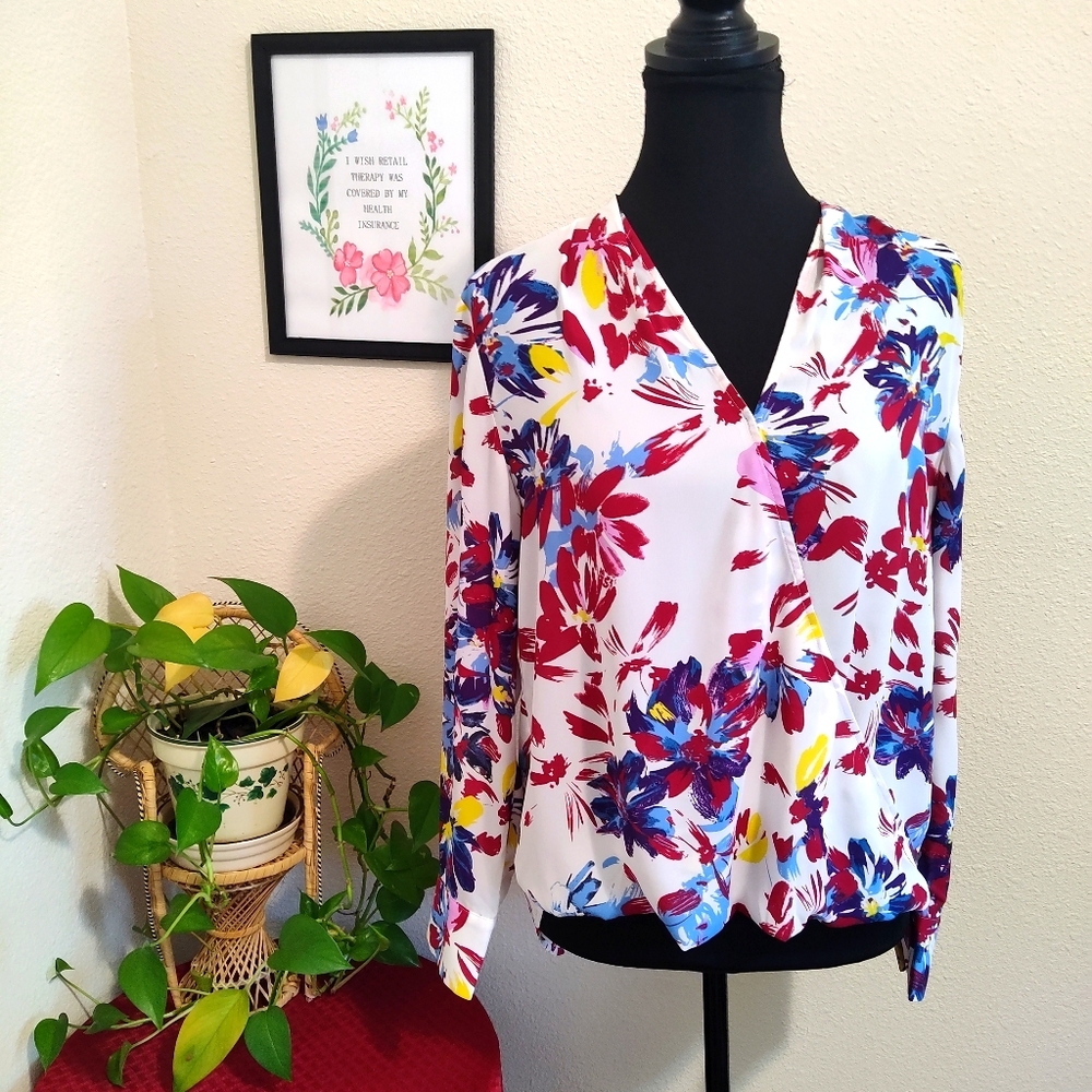Halogen Womens Petite Small Floral Wrap Hi-Lo Top Surplice Blouse